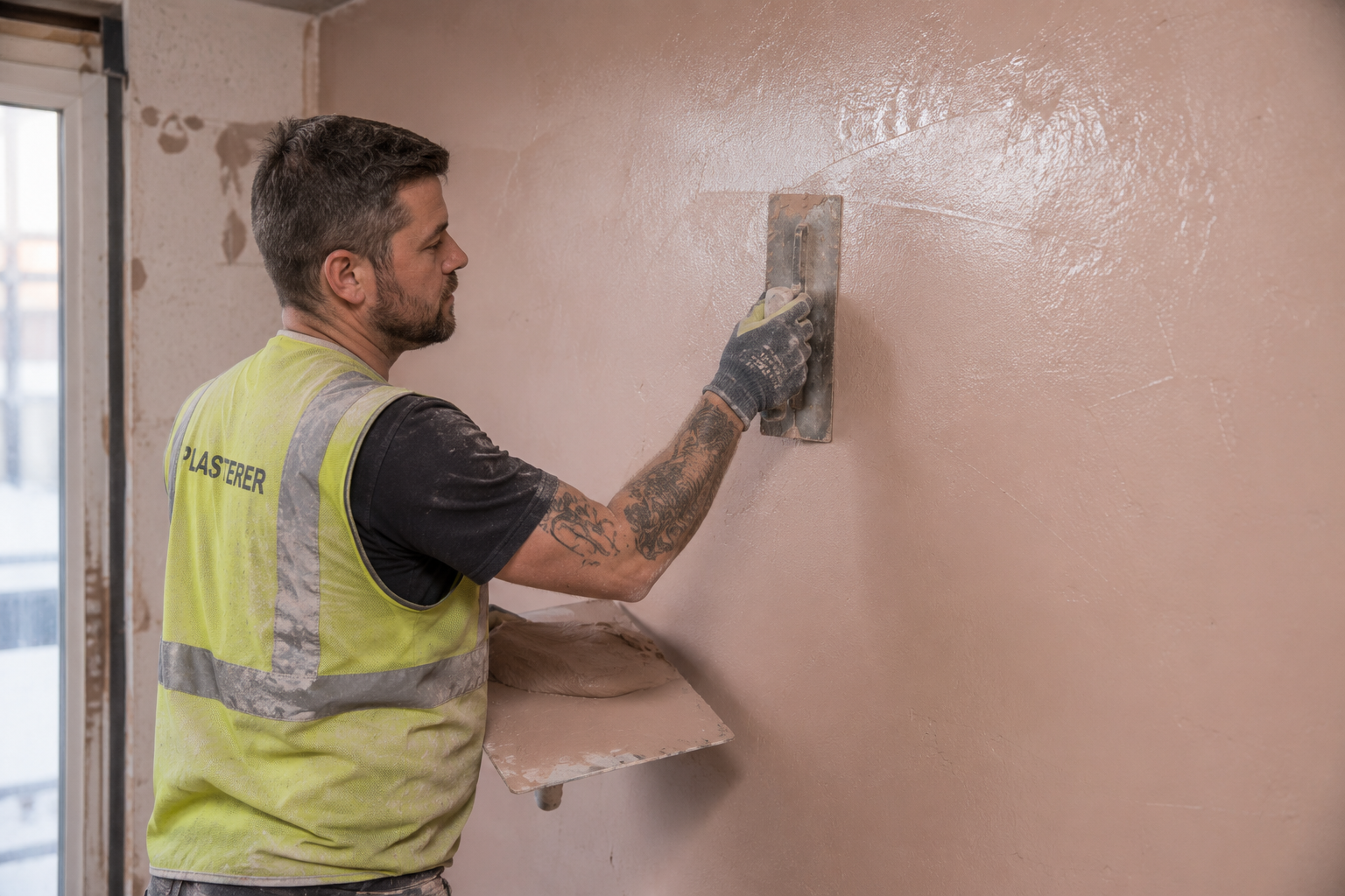 Plasterer skimming a wall